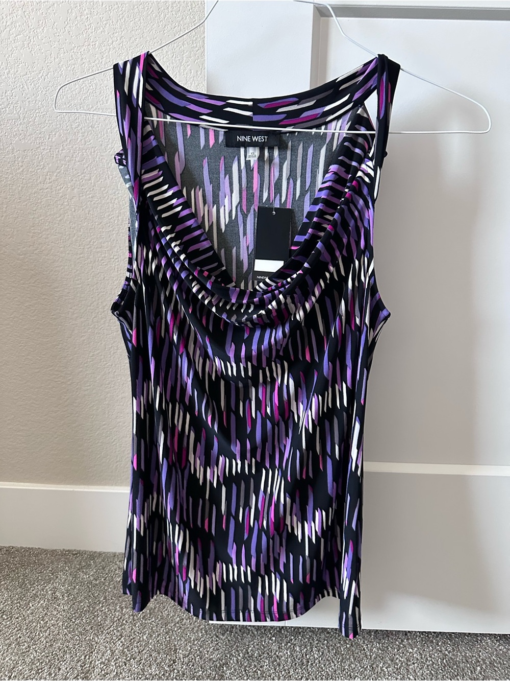 NWT Nine West “Monet Garden” Cowl Neck Purple Black Sleeveless Top – XS
